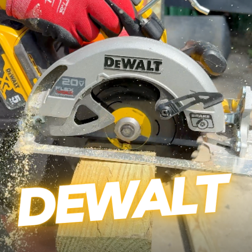 A split-screen comparison showing two circular saws in use outdoors. On the left, a person wearing red gloves operates a yellow and black DeWalt circular saw cutting a wood plank.