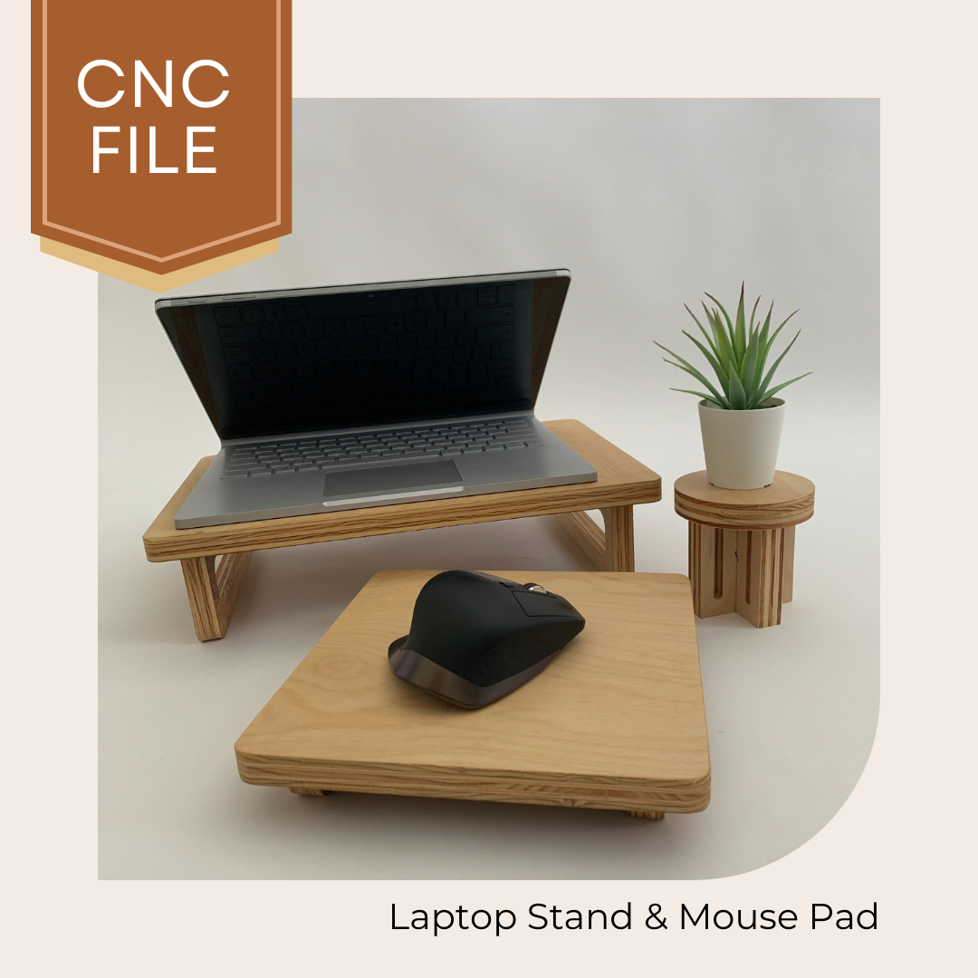 Computer-aided design (CAD) file for a CNC machine, displaying the blueprint of a laptop stand with precise measurements and cutting paths