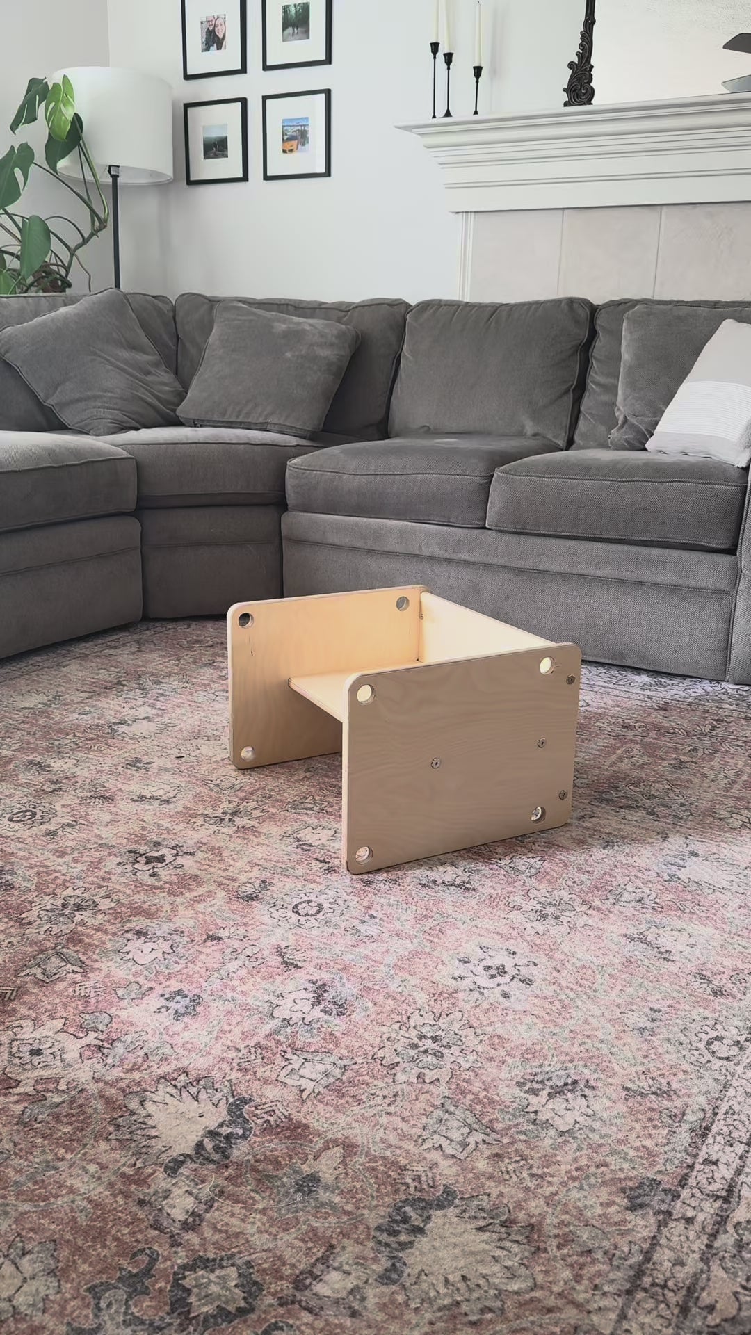 Wooden toddler chair that flips into adult stool or side table 
